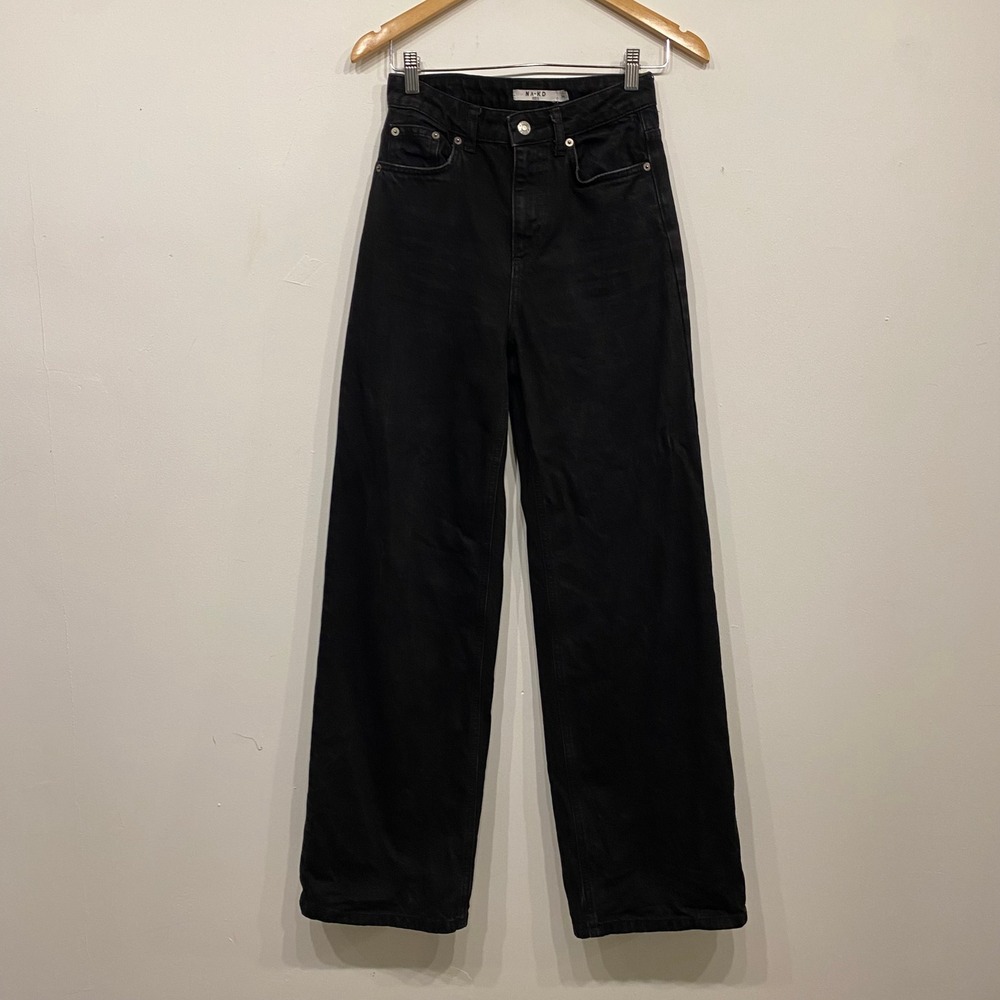 NA-KD Womens High Waisted Wide Leg Jeans Black Denim Size 34 US 2